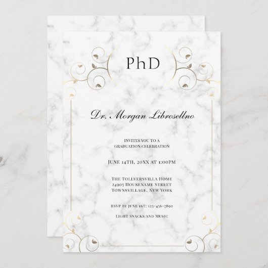 Invitation Élégant Marbre blanc Gold PhD (Devant / Derrière)