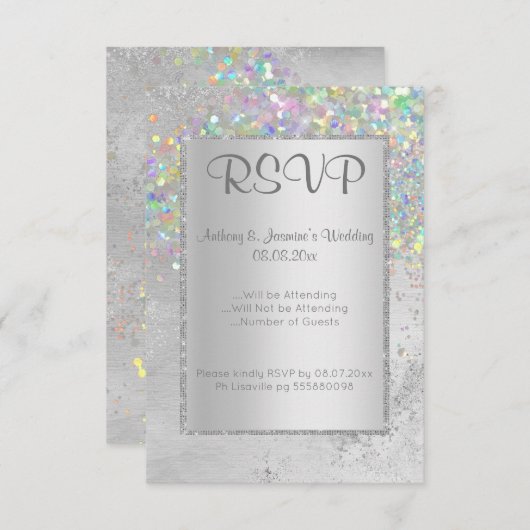 INVITATION ELEGANT MARBRE D'ARGENT HOLOGRAPHIQUE RSVP (Devant / Derrière)