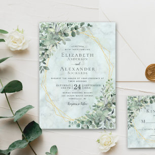 Invitation Elégant marbre Eucalyptus Mariage or verdure
