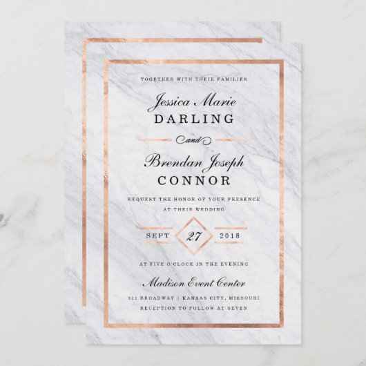 Invitation Élégant marbre moderne et Mariage or Rose (Devant / Derrière)