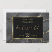 Invitation Élégant marbre noir et or Be My Bridesmaid (Devant)