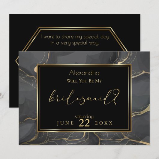 Invitation Élégant marbre noir et or Be My Bridesmaid (Devant / Derrière)
