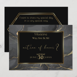 Invitation Élégant marbre noir et or Matron d'honneur
