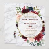 Invitation Elégant Marbre Or Marsala Marine Bleu Floral Fleur (Devant / Derrière)