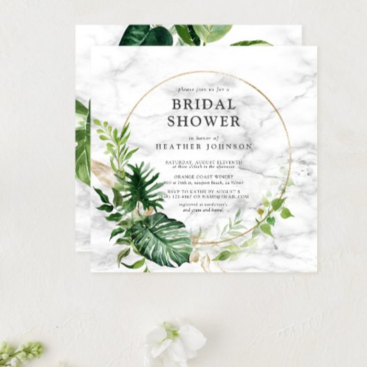 Invitation Elégant Marbre Or Tropical Wreath Carré douche