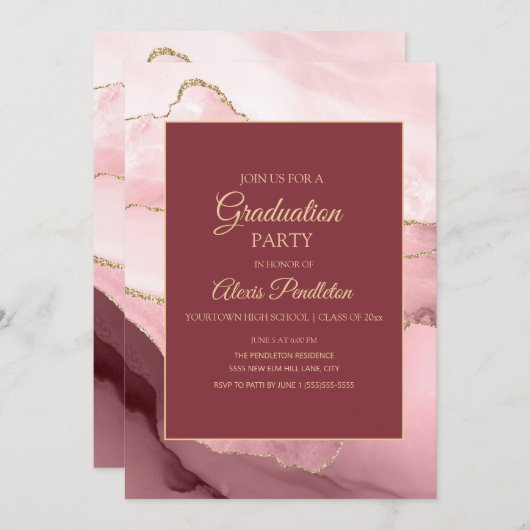 Invitation Élégant marbre rose Or Agate Graduation 5"X7" (Devant / Derrière)