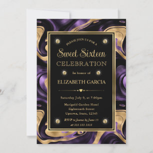 Invitation Élégant Marbre Violet Feuille D'or Sweet Sixteen