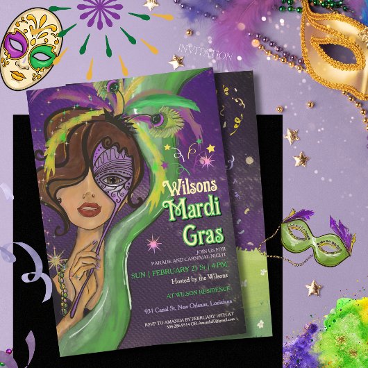 Invitation Elegant Mardi Gras Masquerade Hand-drawn Portrait