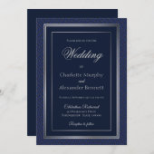 Invitation Élégant mariage à bordure argentée bleu foncé (Devant / Derrière)
