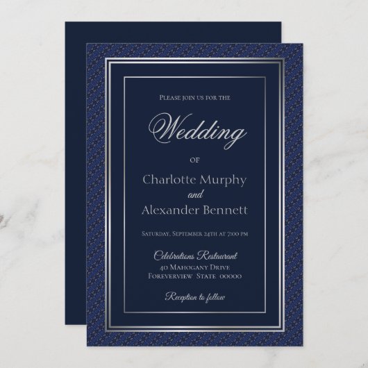 Invitation Élégant mariage à bordure argentée bleu foncé (Devant / Derrière)