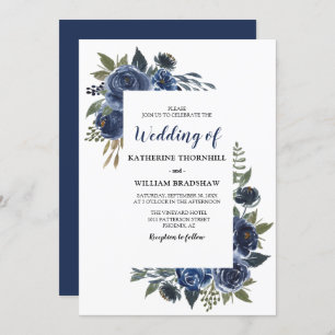 Invitation Élégant Mariage à cadre floral bleu