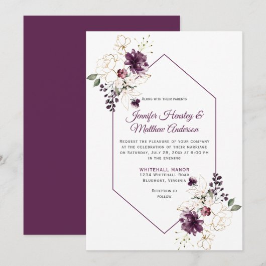 Invitation Élégant Mariage à cadre violet et or Floral (Devant / Derrière)