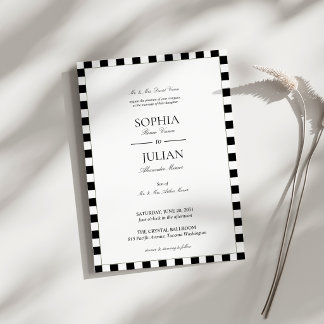 Invitation Élégant mariage à carreaux noir et blanc avec bord