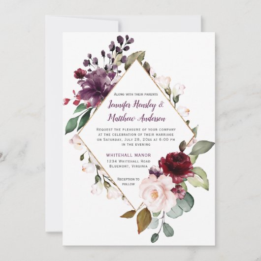 Invitation Élégant Mariage à charpente violet et rouge (Devant)