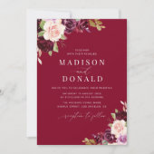 Invitation élégant mariage à fleurs bordeaux et rousses (Devant)