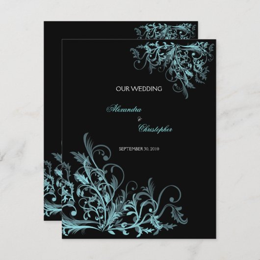 Invitation Élégant Mariage à fleurs turquoise (Devant / Derrière)