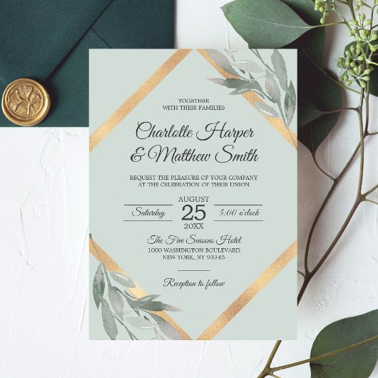 Invitation Elégant Mariage à huile d'argenté Dusty Sage or