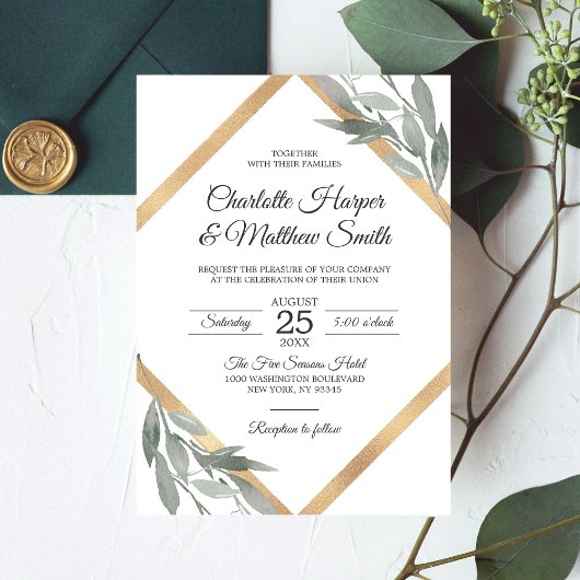 Invitation Élégant Mariage à huile d'or de la branche de feui