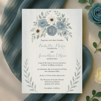 Invitation Élégant mariage à la cire bleue poussiéreuse flora