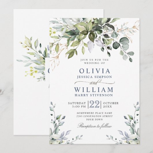 Invitation Élégant mariage à l'aquarelle Eucalyptus Verdure (Devant / Derrière)