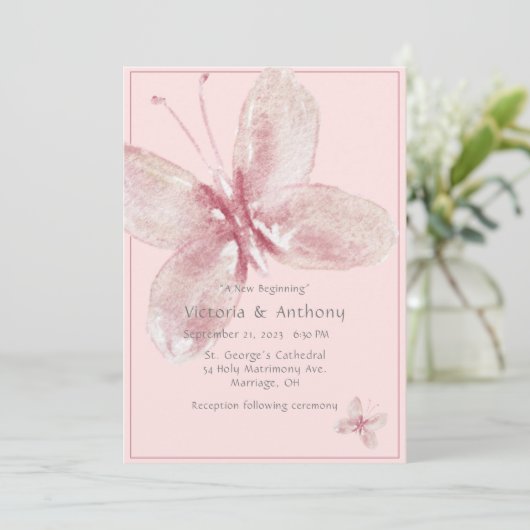Invitation Élégant Mariage à papillon rose-mauve (Debout devant)