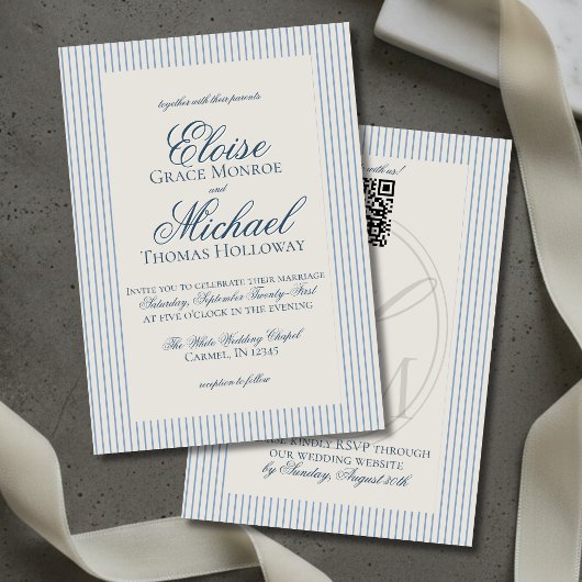 Invitation Élégant Mariage à Rayures Bleues Script Ancien Arg