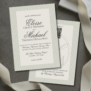 Invitation Élégant Mariage à Rayures Vertes Script Ancien Arg