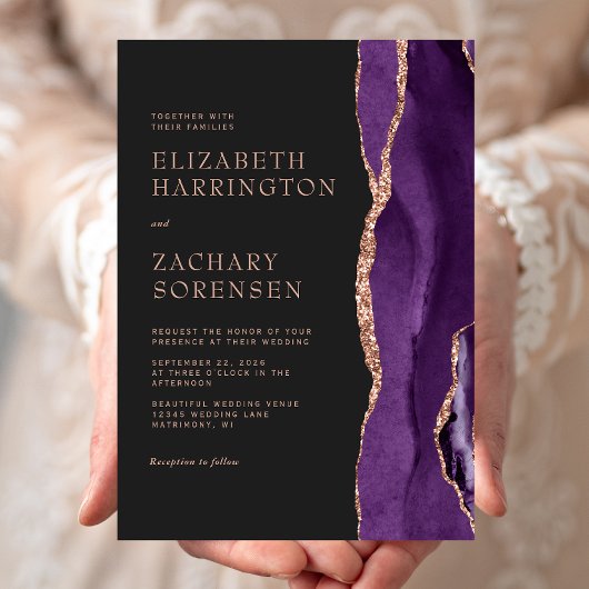 Invitation Élégant Mariage Agate Violet Or Rose