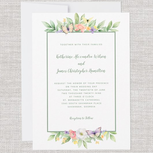 Invitation Elégant Mariage Aquarelle Floral Papillon Vert