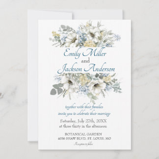 Invitation Élégant mariage aquarelle florale blanche et bleue