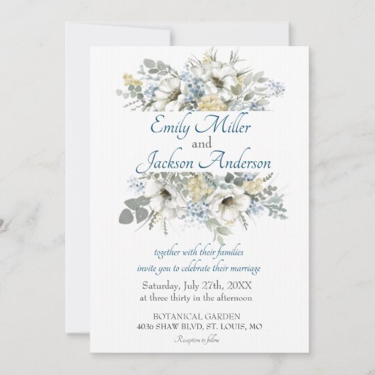 Invitation Élégant mariage aquarelle florale blanche et bleue (Devant)