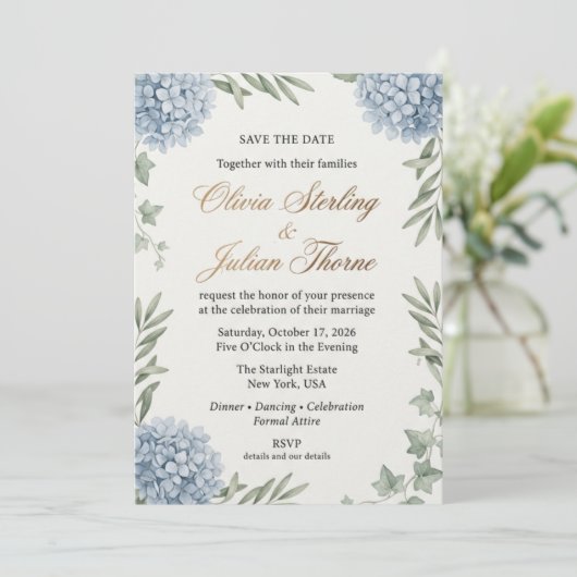 Invitation Élégant Mariage Aquarelle Hydrangea Bleue (Debout devant)