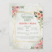 Invitation Elégant Mariage aquarelle : Vert, Or, Rose (Devant / Derrière)