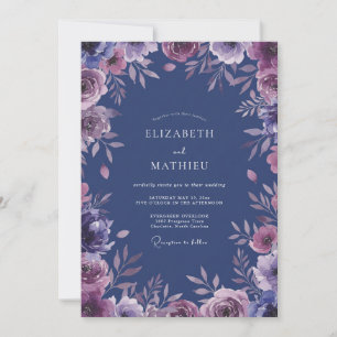 Invitation Élégant Mariage Ardoise Améthyste Pétales