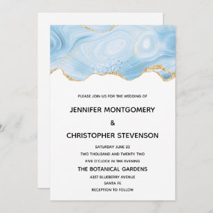 Invitation Élégant Mariage Arrière - plan Blue and Gold Agate