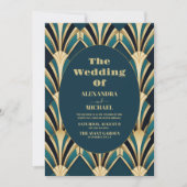 Invitation Elégant Mariage Art Déco Bleu et Or (Devant)