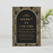 Invitation Elégant Mariage Art Déco Géométrique Noir Or (Debout devant)