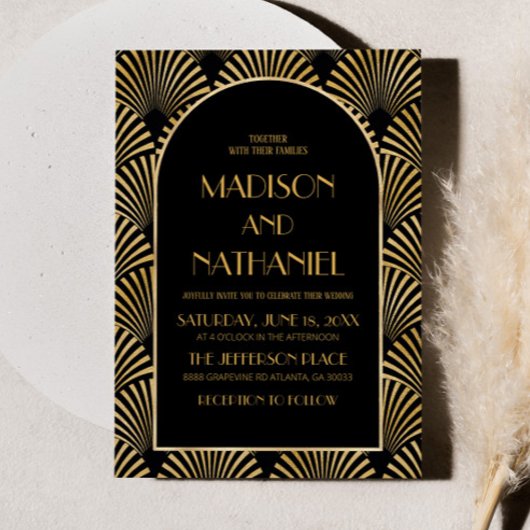 Invitation Elégant Mariage Art Déco Géométrique Noir Or