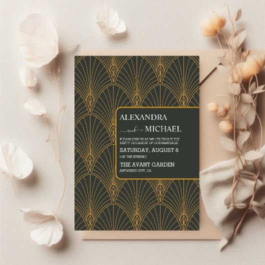 Invitation Élégant Mariage Art Déco Gold Green