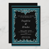 Invitation Élégant Mariage Art déco noir et vert foncé (Devant / Derrière)