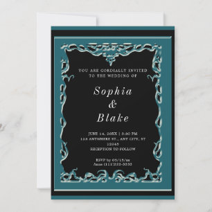 Invitation Élégant Mariage Art déco noir et vert foncé