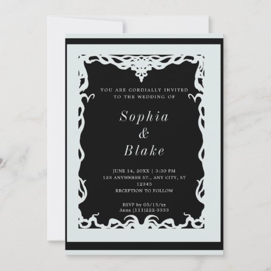 Invitation Elégant Mariage Art déco noir et vert pâle (Devant)