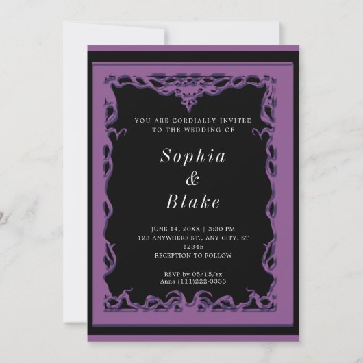 Invitation Elégant Mariage Art Déco noir et violet (Devant)