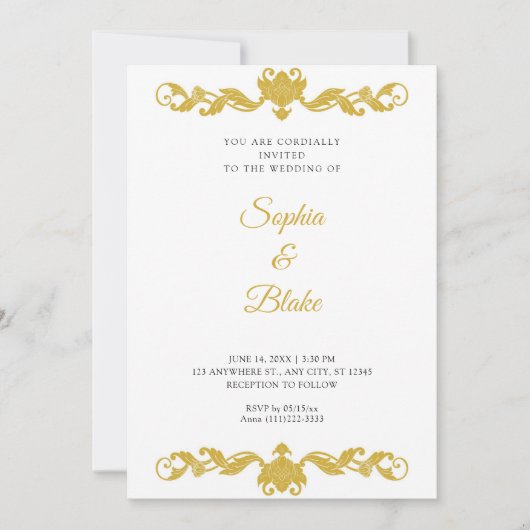 Invitation Elégant Mariage Art déco or et blanc (Devant)