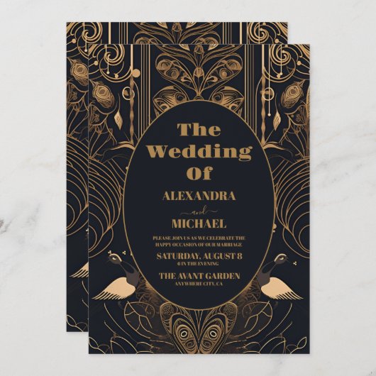 Invitation Elégant Mariage Art Déco Peacocks (Devant / Derrière)