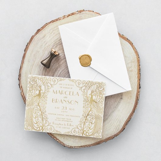 Invitation Elégant Mariage Art Déco Peacocks