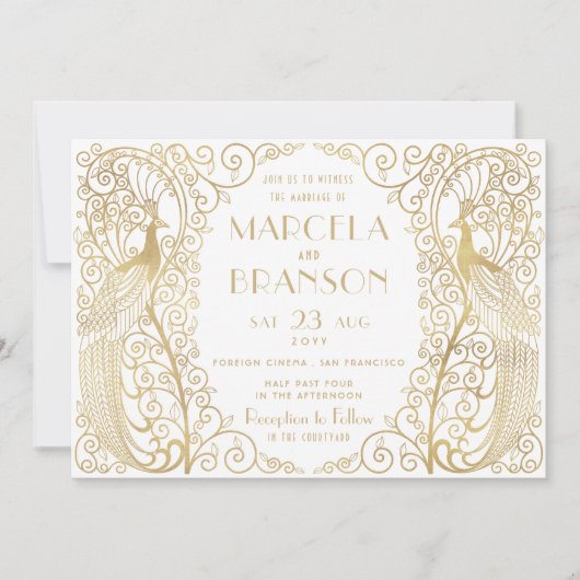 Invitation Elégant Mariage Art Déco Peacocks (Devant)