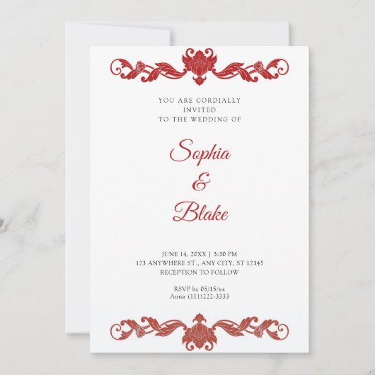 Invitation Elégant Mariage Art déco rouge et blanc (Devant)