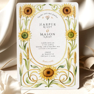 Invitation Elégant Mariage Art Nouveau Tournesol & Blé Or