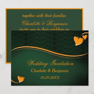 Invitation Élégant Mariage au Coeur Vert Emeraude & Or